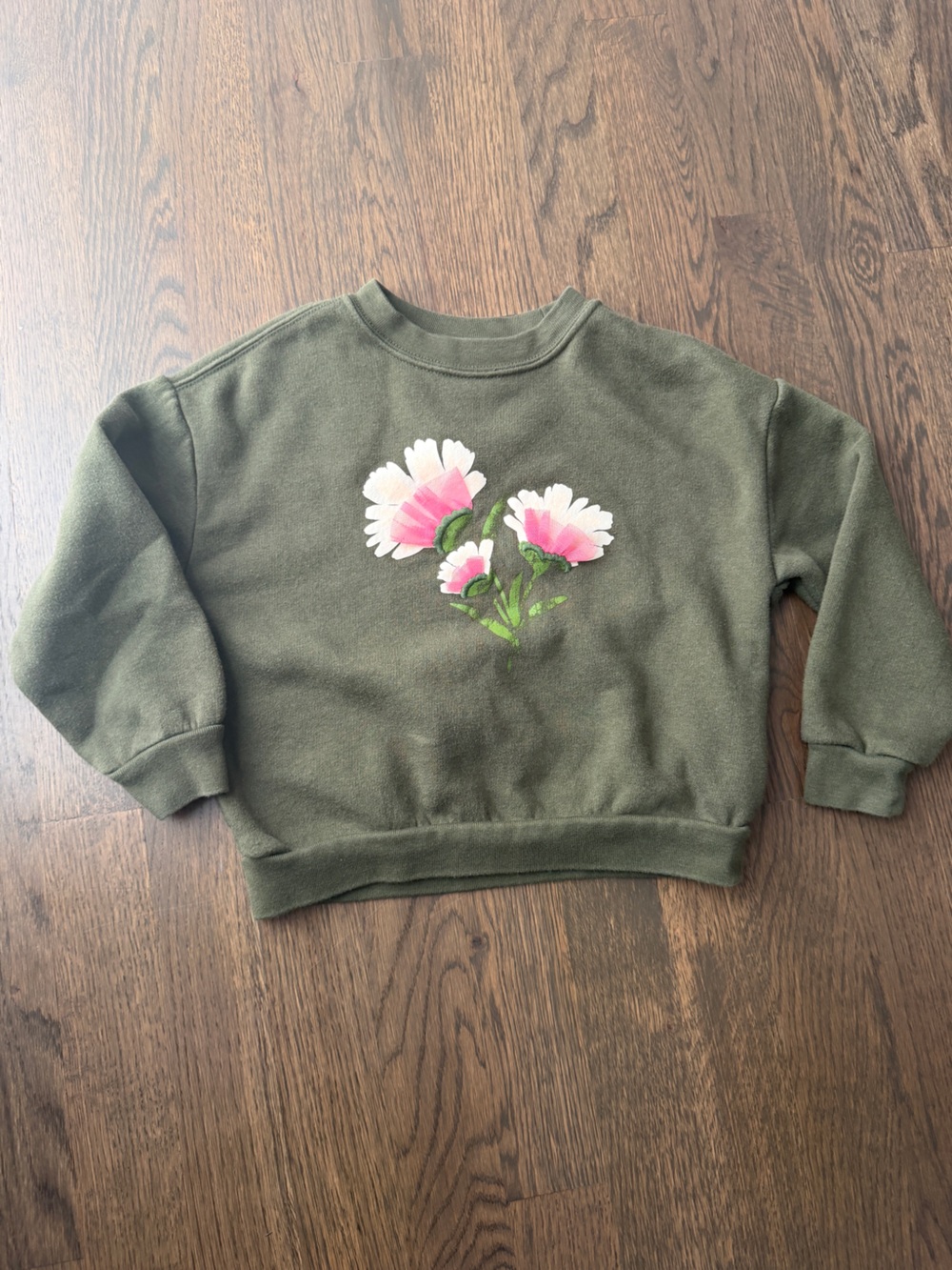 Gap Olive Floral Crewneck Sweater with Pink Daisies